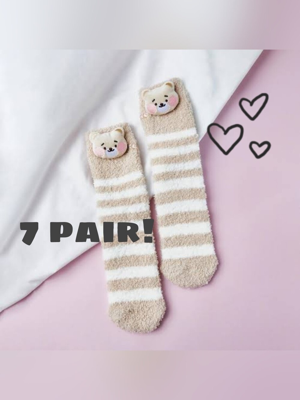 **7 PACK** Cozy Bear Stripe Women's Fuzzy Socks - Beige & White
